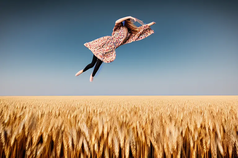 Image similar to photograph of a fashion model flying over a wheat field. photography by julia hetta, cinematic, elegant, real dlsr photography, sharp focus, 4 k, ultra hd, sense of awe