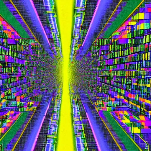 Image similar to The encrypted metaverse, glitch landscape, refractive colors