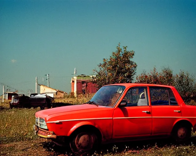 Image similar to a lomographic photo of old lada 2 1 0 7 standing in typical soviet yard in small town, hrushevka on background, cinestill, bokeh