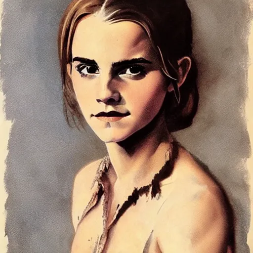 Image similar to portrait of emma watson, artwork by frazetta, frank,