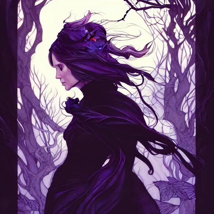 Image similar to style artgerm, joshua middleton, arthur rackham, beautiful kristen bell with black dress, very long white hair, symmetrical face, symmetrical eyes, purple fire powers fire swirling, detailed, forest setting, cinematic lighting