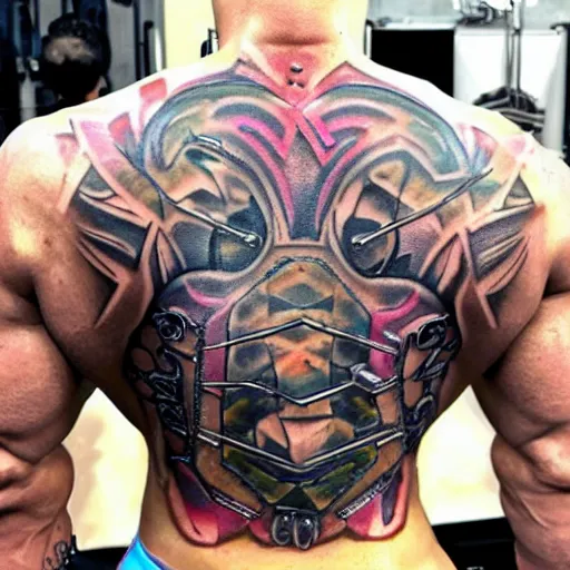 Image similar to bodybuilder with a full body tattoo of a 3 d hole in the skin with a shiny multicolored metallic gears and tubes robotic mechanics inside under the skin, insanely integrate,