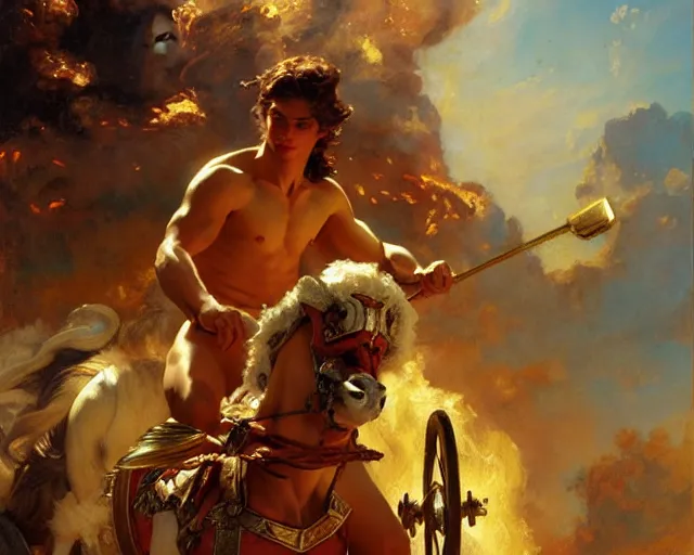 Image similar to attractive apollo greek god, riding his fire chariot. highly detailed painting by gaston bussiere, craig mullins, j. c. leyendecker 8 k