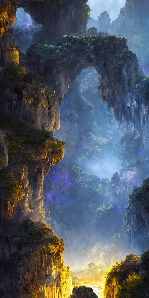 Image similar to Gorge in the mountain, white stone temple ruins, night dramatic lighting, blue, yellow and purple tones, wide camera angle, matte painting, trending on ArtStation, concept art, delightful surroundings, high detail, sharp contrast, picturesque, 4K, 8K, super graphically realistic detailed, high definition, HDR