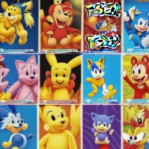 Image similar to photograph of winnie the pooh and super mario and sonic the hedgehog anime style, on pokemon card packs at target