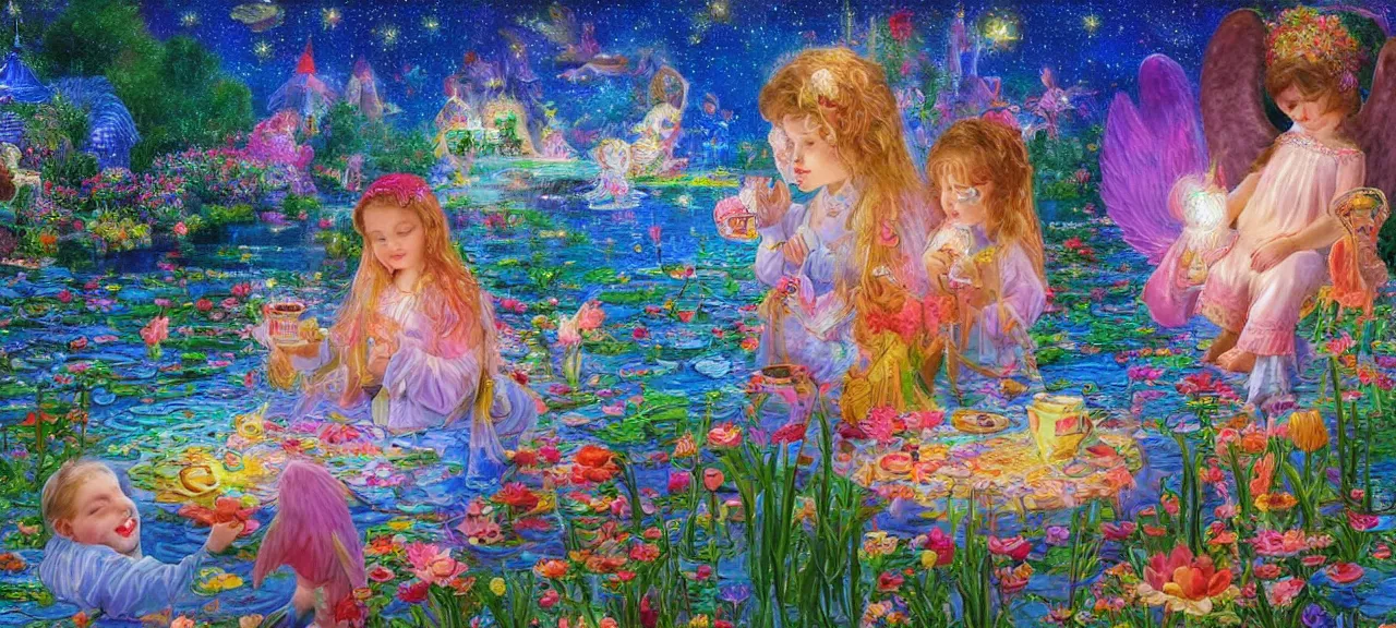 Prompt: high resolution 4k Angel blessing grand children while grandma sleeps Children drinking tea Cozy night tea fantasy tea dark and colorful, bright sparkling lights lake, lily pads, russian night sky, stars, moon, bright brother sister Bubbles, pillows dreamy night sky Luminism Children drinking tea with angel watching In the art style of Victor Nizovtsev