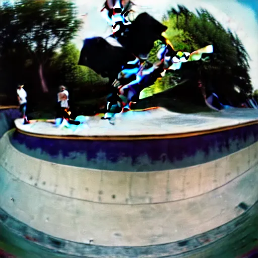 Prompt: award winning color photo of, Tony Hawk, skateboarding, doing a 900, in the 1986 vert contest, fisheye lens, detailed faces, detailed skateboard, 8k, balanced composition