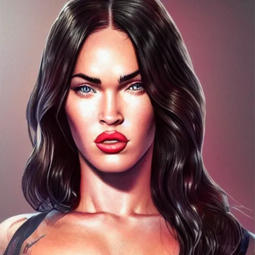 Image similar to megan fox licking her lips in anticipation, hyperrealistic portrait, photo realistic, poster, artstation, volumetric lighting, digital art, very detailed face by magali villeneuve