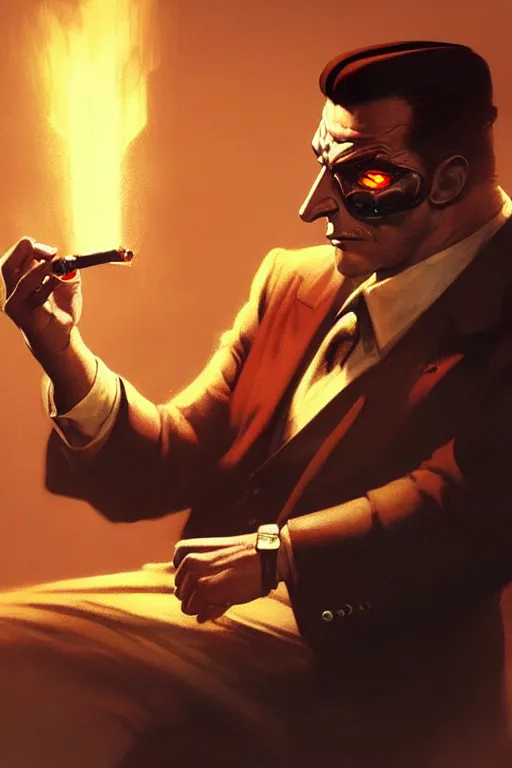 Prompt: A mafia boss lighting a cigar in a cyberpunk setting, by Frank Frazetta, volumetric lighting, high contrast colours, as trending on Artstation, highly detailed,