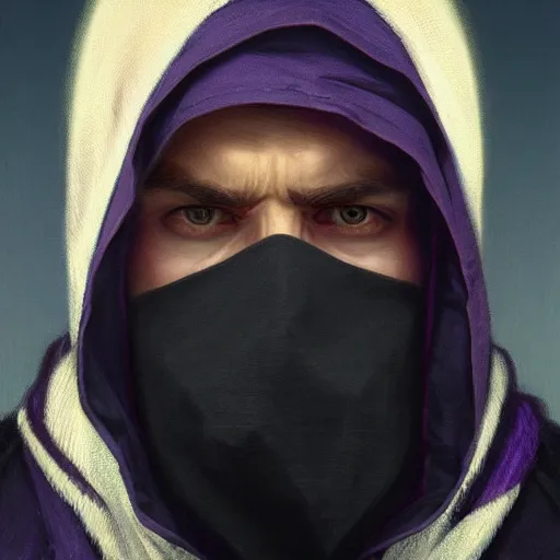 Image similar to ultra realistic illustration, man in a black hood, in a striped purple balaclava, mysterious, highly detailed, digital painting, artstation, concept art, smooth, sharp focus, illustration, art by artgerm and greg rutkowski and alphonse mucha