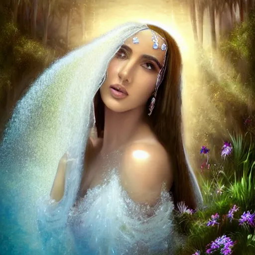 Prompt: beautiful Arab woman, white transparent veil black hair, showering in a waterfall, swimming, ethereal, emotive, fine art, water mist, mystical, Romanticism, natural light, cinematic lighting, ultra detailed, highly detailed, sharp focus, golden background with flowers, golden jewelry with blue sapphires, photographic, art by artgerm and greg rutkowski and zdislav beksinski