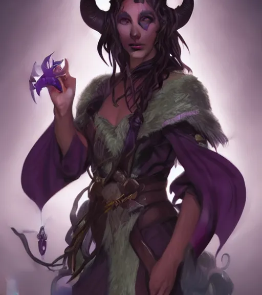 Image similar to Attractive Tiefling Druid, She has light brown skin, dark purple hair, and silver eyes full body, dungeons and dragons portrait, highly detailed, digital painting, artstation, concept art, sharp focus, illustration, art by artgerm and greg rutkowski and alphonse mucha