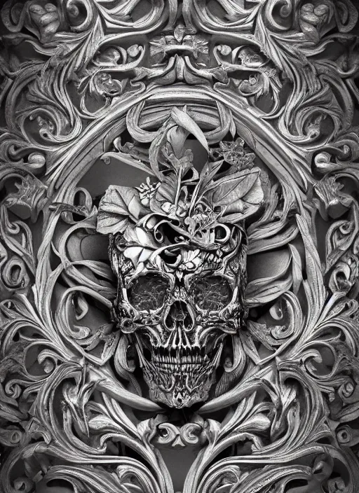 Image similar to hyper realistic photography of intricate baroque skull ornament relief leaves, cinematic, symmetric detailed, artstation, cgsociety