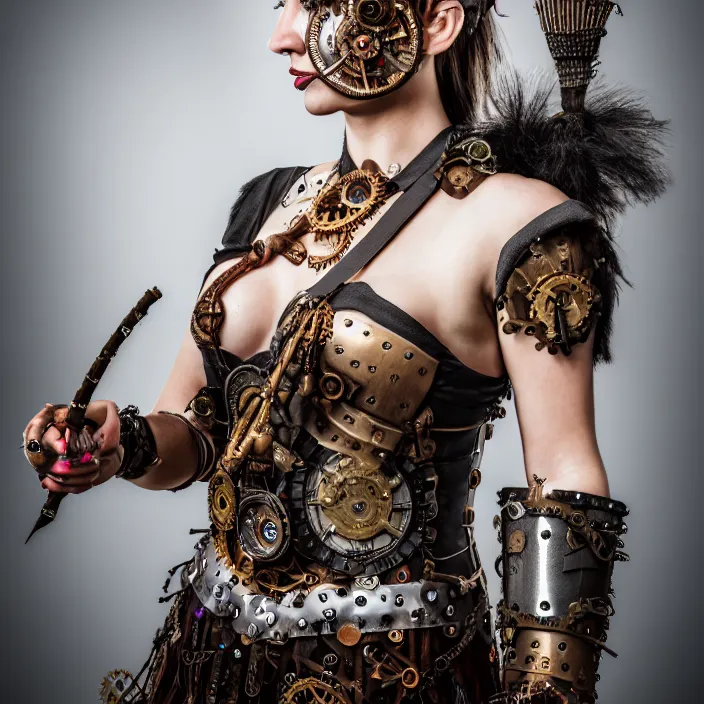 Image similar to full length portrait photograph of a real-life beautiful woman clockpunk warrior. Extremely detailed. 8k