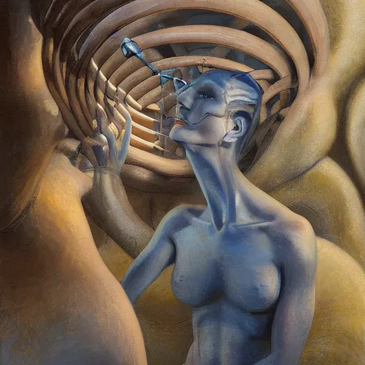 Image similar to detailed face of a woman with blue eyes in a biomorphic courtyard with dna sculptures at a science expo, atmospheric, ambient, pj crook, syd mead, livia prima, artgerm, greg rutkowski, nick alm, casey baugh