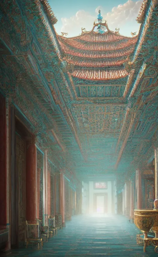 Image similar to vanishing point, palace covered with aqua blue roses like the forbidden city in distance at the red rose royal manor, viewed from afar, stephen bliss, misty, unreal engine, fantasy art by greg rutkowski, loish, ferdinand knab, and lois van rossdraws,, global illumination, radiant light, minimalist, detailed and intricate environment