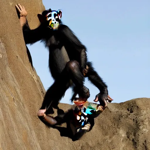 Prompt: a chimp prevents itself from falling off a cliff by holding on by one arm