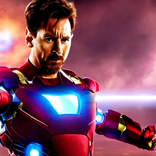 Image similar to Lionel Messi as Ironman in The Avengers, Marvel, Film Still, 35mm dramatic lighting, cinematic, deep focus, styleframe,