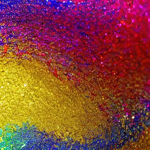 Image similar to a wet swirling mixture of gold paint and very colorful colored pigment particles glitter suspended in a turbulent liquid, captured in slow motion, crystal clear focus, macro photography lens closeup, slow-motion pour, dumpedpaint glittery, shimmering, speculars