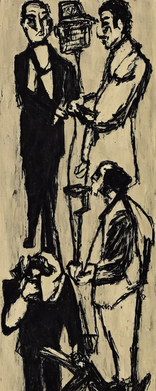 Image similar to pete asking chris out, by bernard buffet and emil nolde, 8 k, trending on artstation