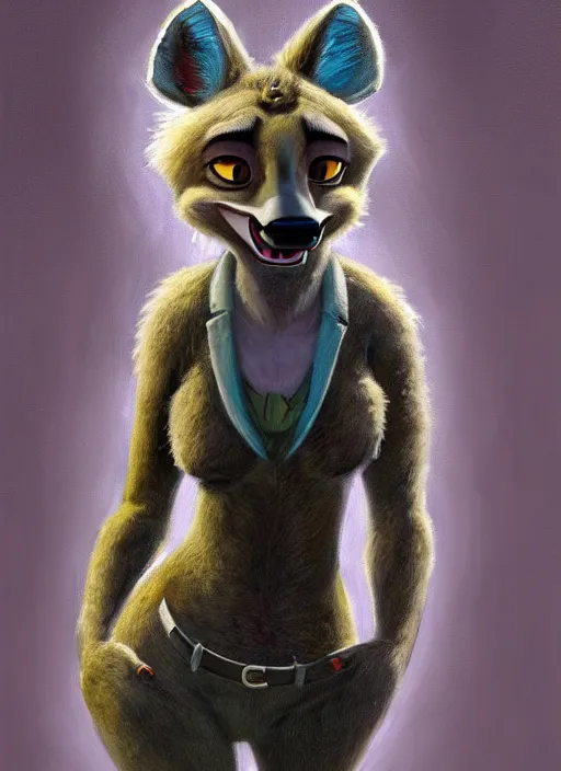 Image similar to oil painting detailed full body of anthromorphic female hyena, in style of zootopia, zootopia, zootopia, fursona, furry, furaffinity, 4 k, deviantart, furry art, fursona art, wearing black business suit, business suit, in style of zootopia, hyena fursona, cyberpunk, female, expressive, detailed feminine face,