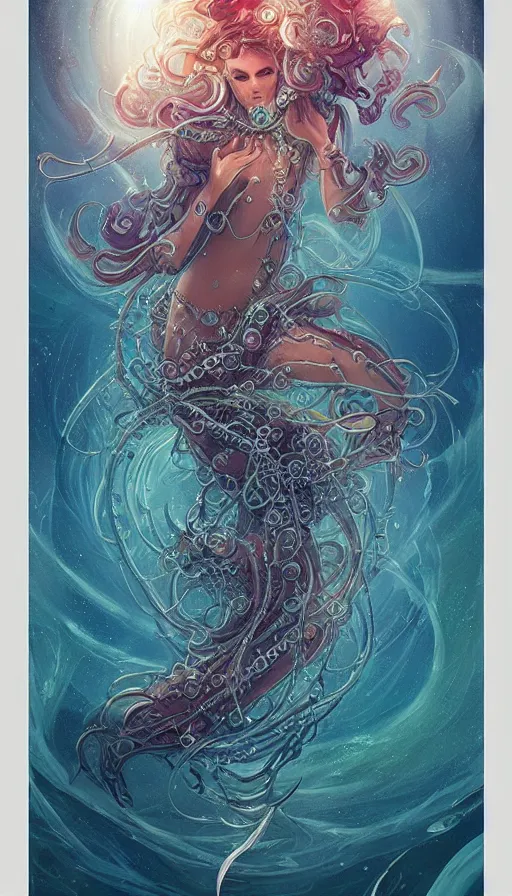 Image similar to tarot card, intricate ocean godness by ross tran, corals, pearls, jellyfish, vivid colors, by Lady Frieda Harris trending on ArtStation, cgsociety