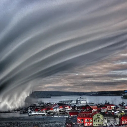 Image similar to Tsunami hits Oslo, Realistic, HDR, Clear Image, Historical Event,