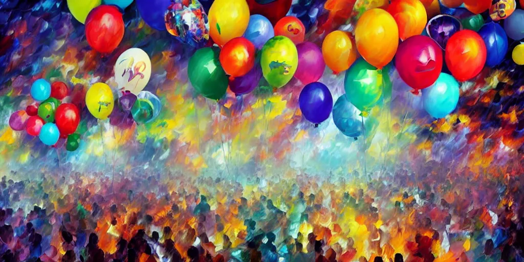 Prompt: Happy birthday party, Lots of balloons, streamers, psychedelic colors, concept art, digital art, Mattepainting, octane engine, Leonid Afremov