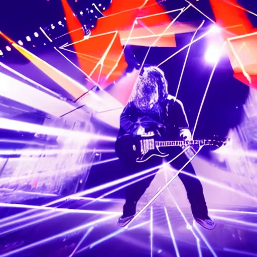 Prompt: rock guitarist shredding on stage, photorealism, lasers and explosions