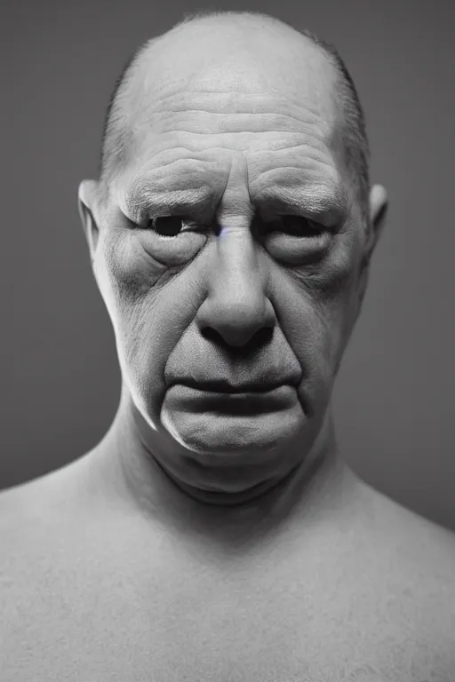 Prompt: studio portrait of man that looks excactly like homer simpson, lookalike, as if homer simpson came to life, soft light, black background, fine skin details, close shot, award winning photo by cindy sherman