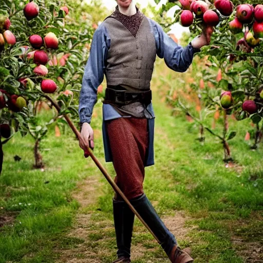 Image similar to portrait of a slender elven man, standing in an apple orchard, dressed in medieval clothes, very handsome, dungeons and dragons