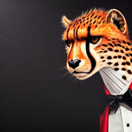 Image similar to a studio photograph of a red cheetah wearing a tuxedo suit,professional photography,studio lighting,studio photo,professional lighting,3 point lighting,dramatic,4k,detailed face,hyperdetailed,photorealistic,digital art,ultra realistic,ultra detailed,art by greg rutkowski