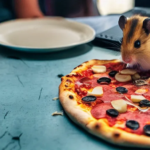 Prompt: hamster eating a pizza