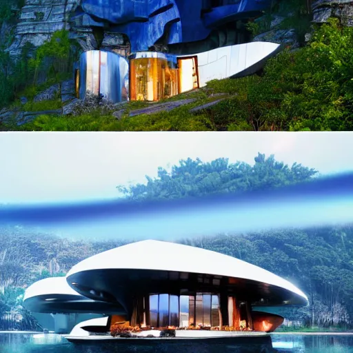 Image similar to a futuristic modern house, on a floating rock island, alien planet covered in water, multiple waterfalls, multiple moons glowing, stars, frank gehry