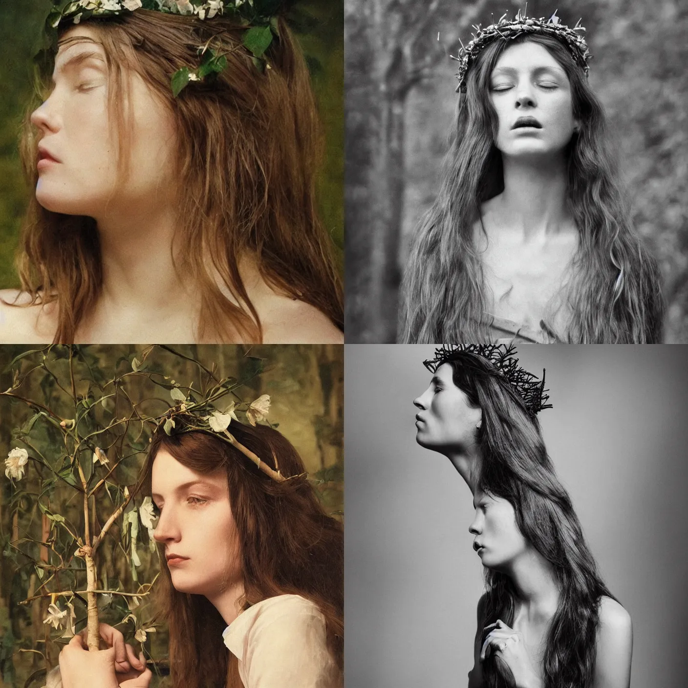 Prompt: woman's profile, long hair, closed eyes, wearing a twig crown by Hendrick ter Brugghen and William Eggleston. masterpiece. hq. ultra detailed. realistic. moody. plants in the background. cinematic.