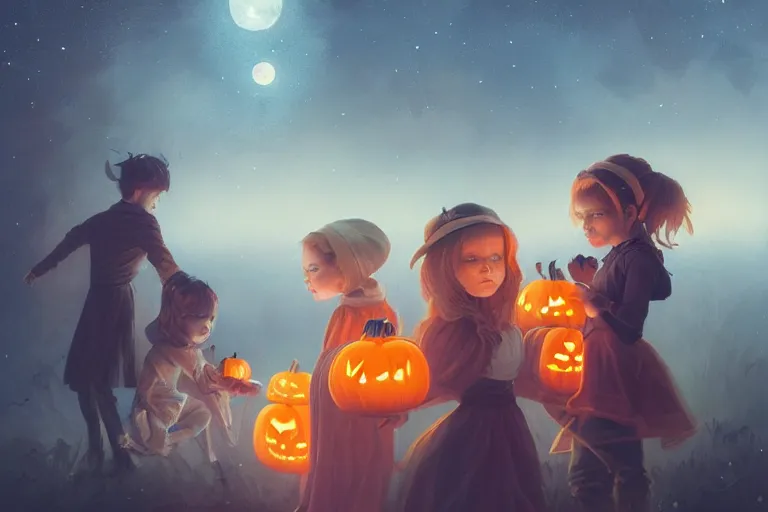 Image similar to portrait of halloween trick or treaters, star filled night sky neightborhood with pumpkins background, charlie bowater, artgerm, ilya kuvshinov, krenz cushart, ruan jia, realism, ultra detailed, 8 k resolution