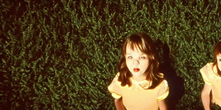 Image similar to photorealistic ultra wide cinematography of danny and wendy torrance from stanley kubrick's 1 9 8 0 film the shining, walking inside and navigating through the hedge labyrinth outside overlook hotel shot on 3 5 mm eastman 5 2 4 7 film by the shining cinematographer john alcott shot on a wide kinoptik tegea 9. 8 mm lens. with golden ratio composition