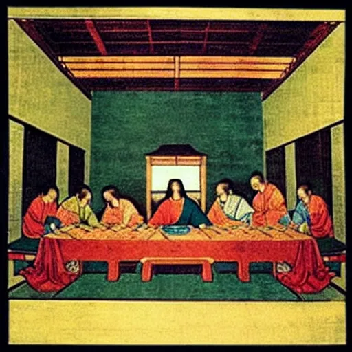 Prompt: “A old Japanese woodblock style painting of The Last Supper by Leonardo da Vinci”