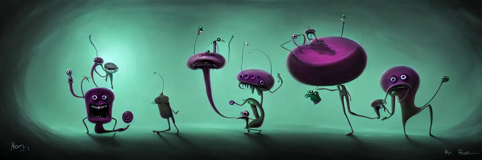 Image similar to whimsical surreal plankton creature characters, surreal dark uncanny painting by ronny khalil