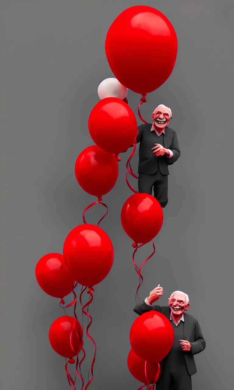 Image similar to illustration of smiling old man with red balloons, highly detailed, digital painting, concept art, smooth, sharp focus, epic composition, gothic art, artstation, concept art, octane render, retrofuturistic