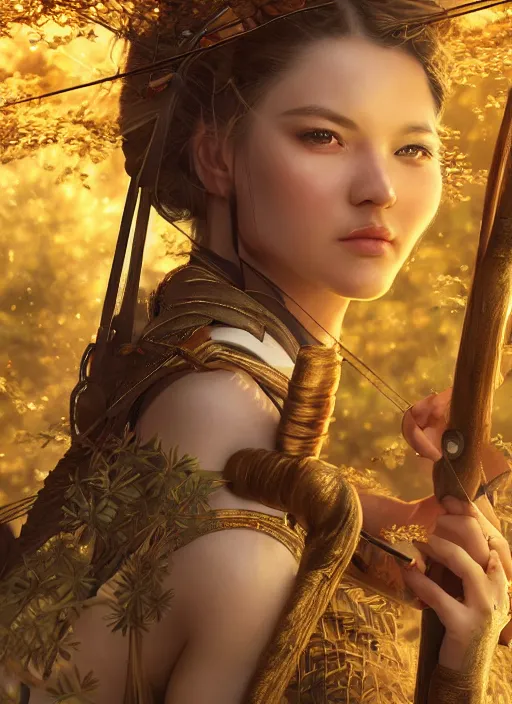 Prompt: Beautiful art portrait of a female fantasy archer at a temple surrounded by lush spring golden forest, atmospheric lighting, intricate detail, cgsociety, hyperrealistic, octane render, RPG portrait, ambient light, dynamic lighting