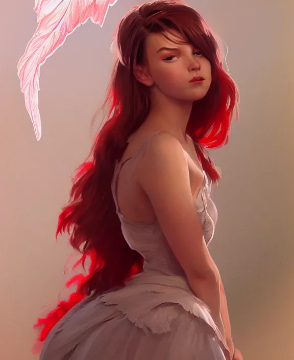 Prompt: teen girl in dress made of red feather, realistic portrait, highly detailed, digital painting, artstation, concept art, smooth, sharp focus, illustration, cinematic lighting, art by artgerm and greg rutkowski and alphonse mucha and boris vallejo and frank frazetta