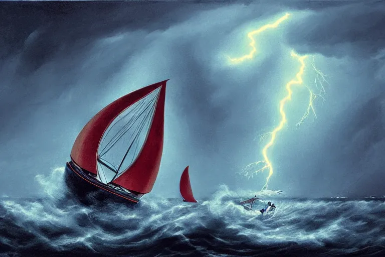 Prompt: giant kraken swallowing a sail boat, storm, lightning, rain, fantasy, horror