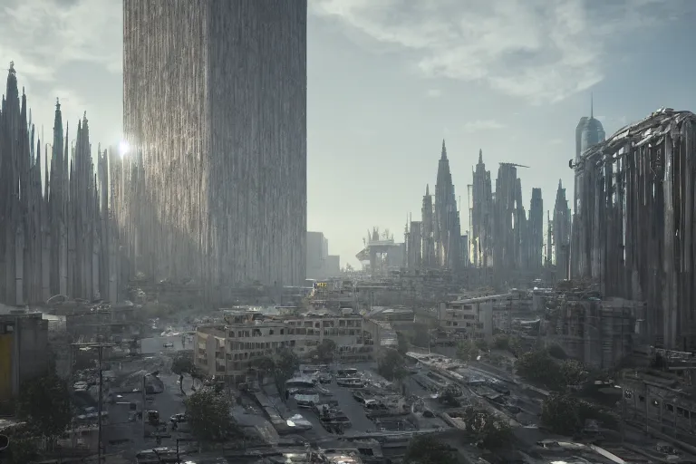 Image similar to streetscape, a towering cathedral of brutalist architecture, buildings covered with greebles, stunning volumetric light, sunset, metal, concrete and translucent material, stunning skies, majestic landscape, trending on Artstation, 8k, photorealistic, hyper detailed, unreal engine 5, IMAX quality, cinematic, epic lighting, in the style of Greg Rutkowski