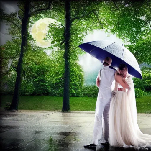 Image similar to rain, moon, knight and princess, realistic photography