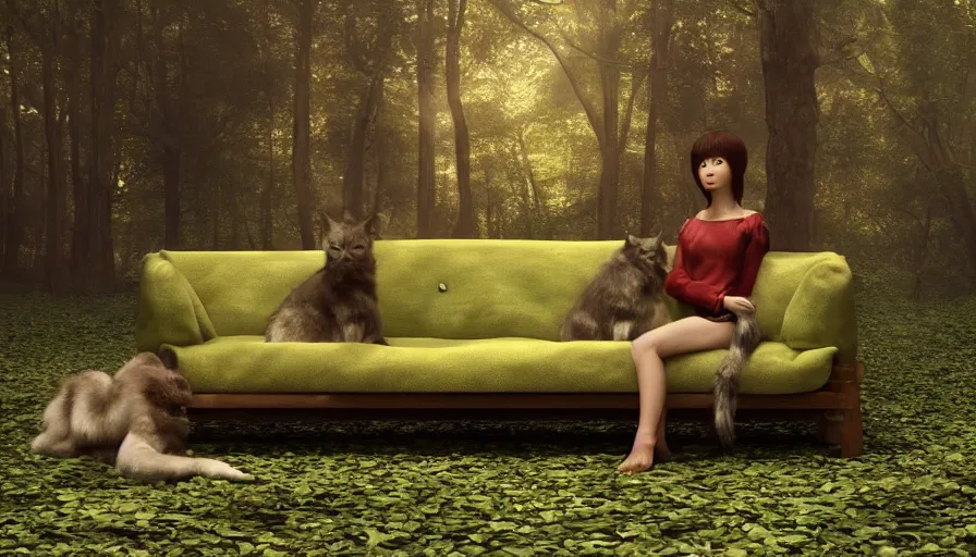 Image similar to lovely furry creature who made a sofa from avocado in the summer forest, by ilya kuvshinov, rtx rendering, octane render 1 2 8 k, maya, extreme high intricate details by tom bagshaw, medium shot, close up shot, composition by sana takeda, lighting by greg rutkowski