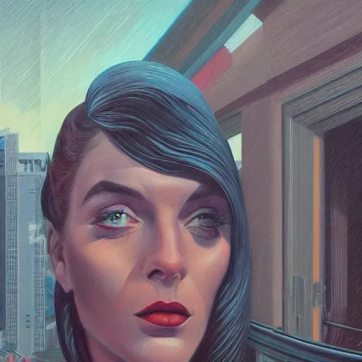 Image similar to detailed face of a woman, clockwork, moment, tectonic sky, skydome, bullet train, turbines, utopian, tech noir, wet reflections, prism, atmospheric, ambient, pj crook, syd mead, livia prima, greg rutkowski, edward hopper