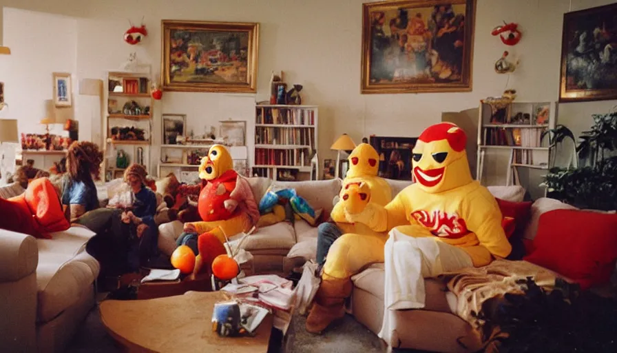 Prompt: 1990s candid 35mm photo of a beautiful day in the living room, cinematic lighting, cinematic look, golden hour, large costumed mascot business fruit people dancing for families, Enormous personified business fruit people with outstandingly happy faces coming out of a portal and talking to families about space and planets, UHD