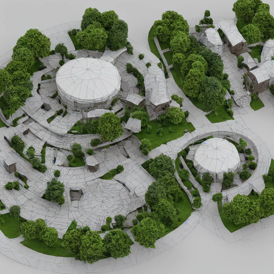 Image similar to architectural model, isometric view, 3 d render, studio lighting, low contrast, dark background, highly detailed, a plot with a medium height circular house with circular courtyards, tree