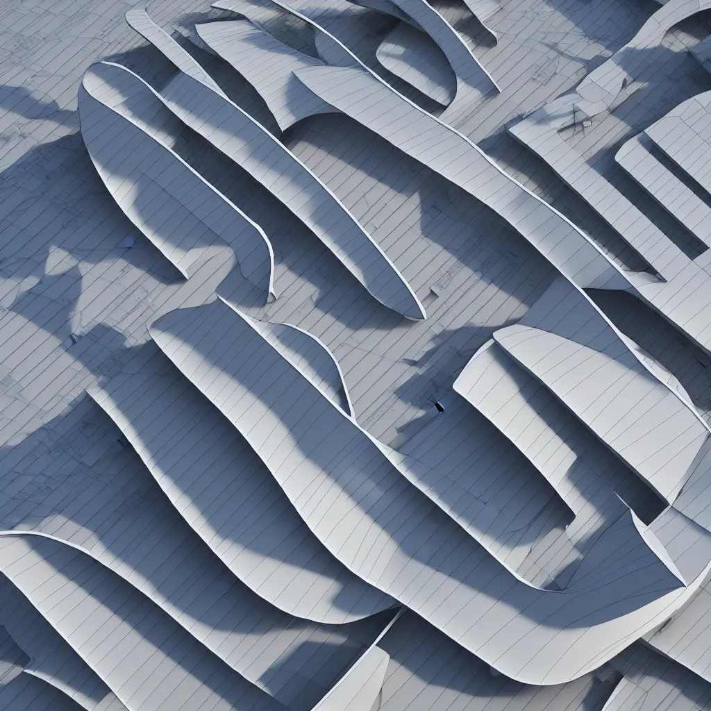 Prompt: unfinished sculptural pleated curved roof planes lift and descend creating shade and architectural expression, dramatic form, 3 d top view axonometric, skyscraper, morning light, lightweight structures, isometric view